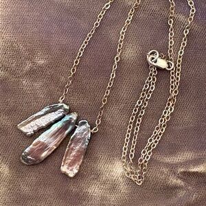 Mother of pearl inspired fobs on a nickel chain  17 1/2 inches